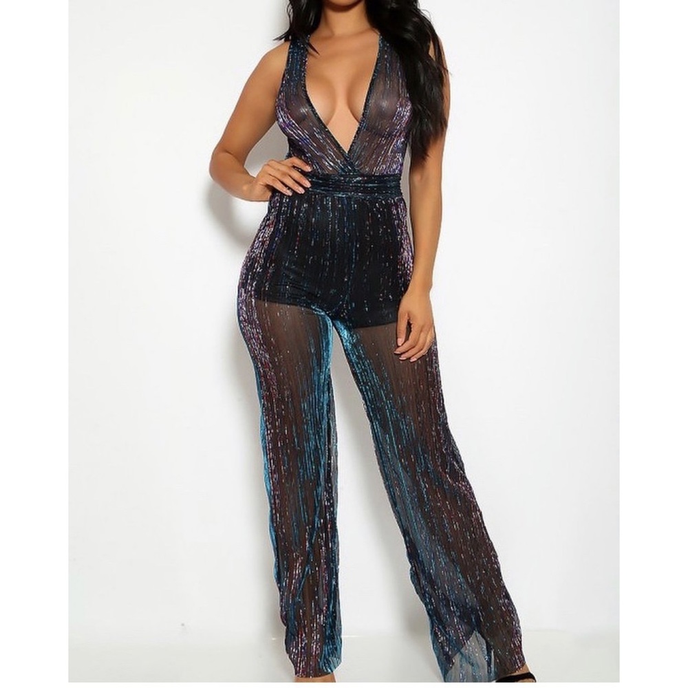 Shimmer Pleated Mesh Jumpsuit
